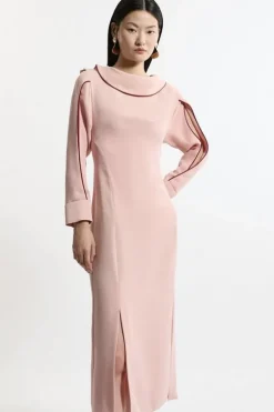 Soft Tailored Tipping Cowl Detail Sleeved Midi Dress