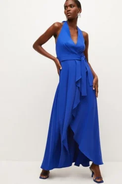 Soft Tailored Waterfall Halter Maxi Dress
