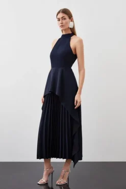 Soft Tailored Waterfall Hem High Neck Midi Dress