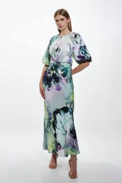 Spring Floral Printed Hammered Satin Woven Midi Dress
