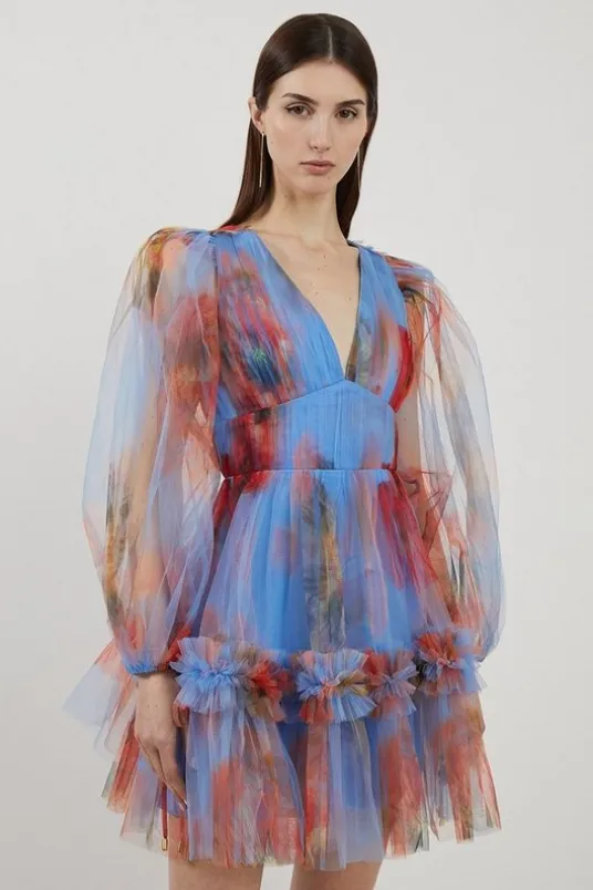 Spring Floral Tulle Plunge Mini Dress