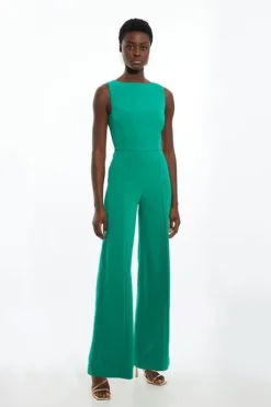 Stretch Crepe Panelled Tailored Wide Leg Jumpsuit