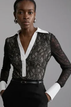 Stretch Lace And Contrast Collar Bodysuit