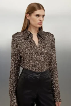 Stretch Sequin Collar Long Sleeve Shirt