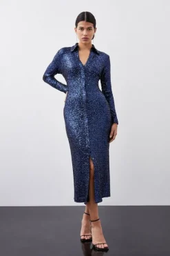 Stretch Sequin Collar Plunge Midaxi Dress