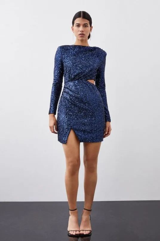 Stretch Sequin Long Sleeve Cut Out Mini Dress