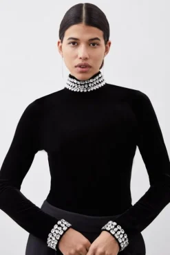 Stretch Velvet Crystal Embellished Long Sleeve Top