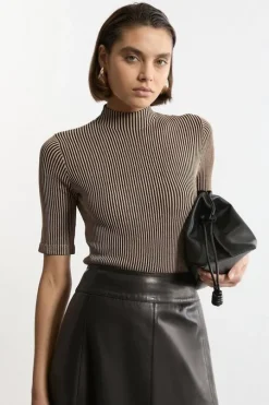 Stripe Funnel Neck Short Sleeve Knit Tee