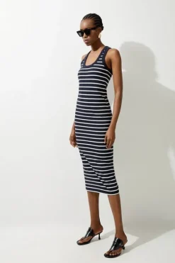 Stripe Stretch Cotton Jersey Racer Back Midi Dress