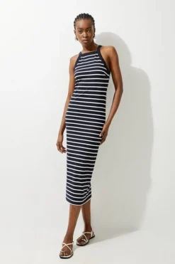 Stripe Stretch Cotton Jersey Halter Midi Dress