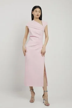 Structured Crepe Asymmetric Neck Midi Dress