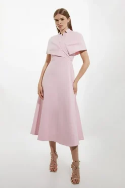 Structured Crepe Cape Detail Full Skirted Tailored Midi Dress