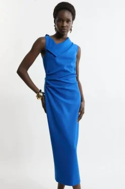 Structured Crepe Full Skirted Tailored Asymmetrical Maxi Dress
