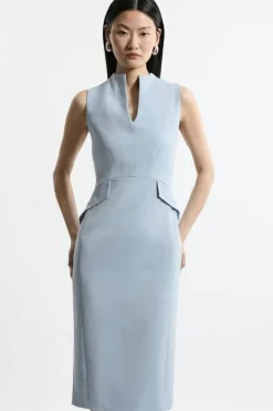 Structured Crepe High Neck Tailored Midi Pencil Dress