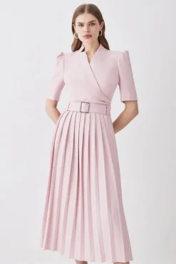 Structured Crepe Notch Neck Wrap Belted Forever Midi Dress