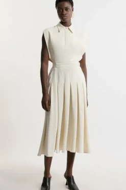 Structured Crepe Pleated Sleeveless Shirt Tailored Midi Dress