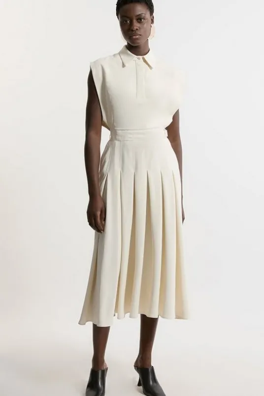 Structured Crepe Pleated Sleeveless Shirt Tailored Midi Dress