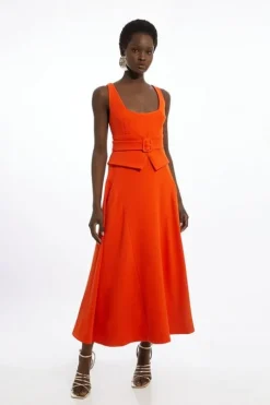 Structured Crepe Tailored Full Skirted Panel Belted Midi Dress
