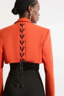 Structured Crepe Tailored Corset Back Notch Neck Cropped Blazer