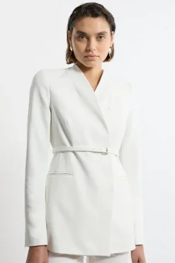 Structured Crepe Tailored Collarless Belted Blazer