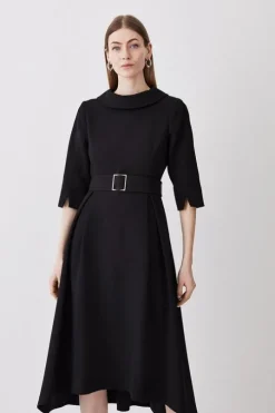 Structured Crepe Turtleneck Dip Hem Midi Dress