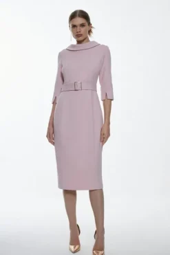 Structured Crepe Turtleneck Pencil Midi Dress