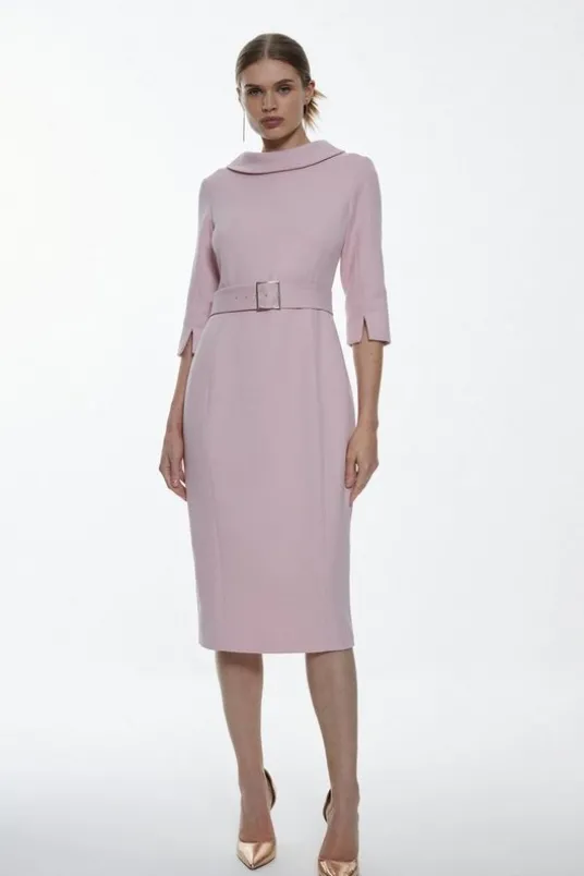 Structured Crepe Turtleneck Pencil Midi Dress