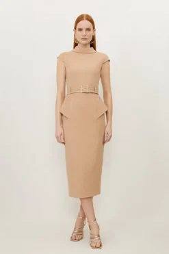 Structured Crepe Turtleneck Peplum Belted Midi Dress