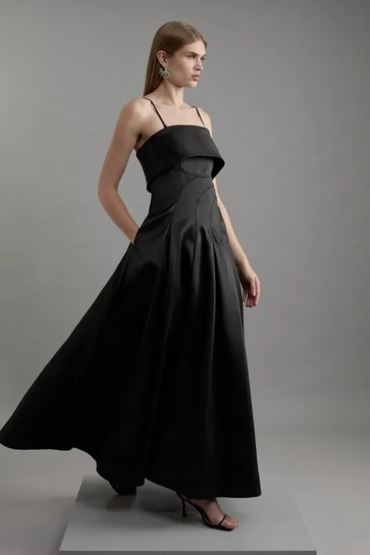Structured Satin Bandeau Prom Tailored Maxi Dress