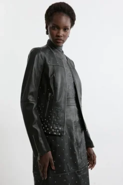 Studded Leather Collarless Moto Jacket