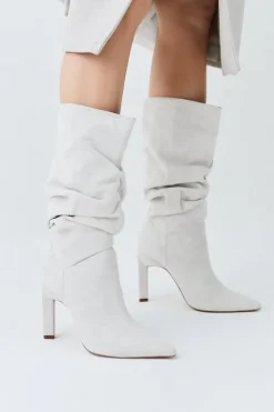 Suede Mid Calf Slouch Heeled Boot