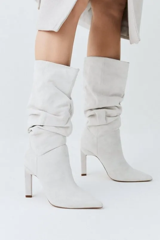 Suede Mid Calf Slouch Heeled Boot