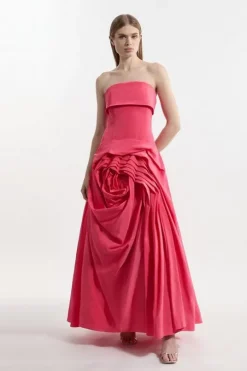 Taffeta Bandeau Tailored Rosette Pleat Maxi Dress