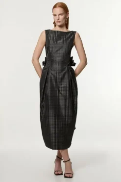 Taffeta Check Bow Detail Tailored Maxi Dress