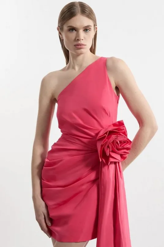 Taffeta One Shoulder Tailored Rosette Drape Mini Dress