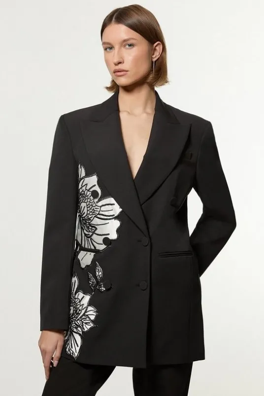 Tailored Applique Satin Beaded Tuxedo Blazer