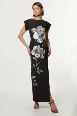 Tailored Applique Satin Beaded Maxi Dress