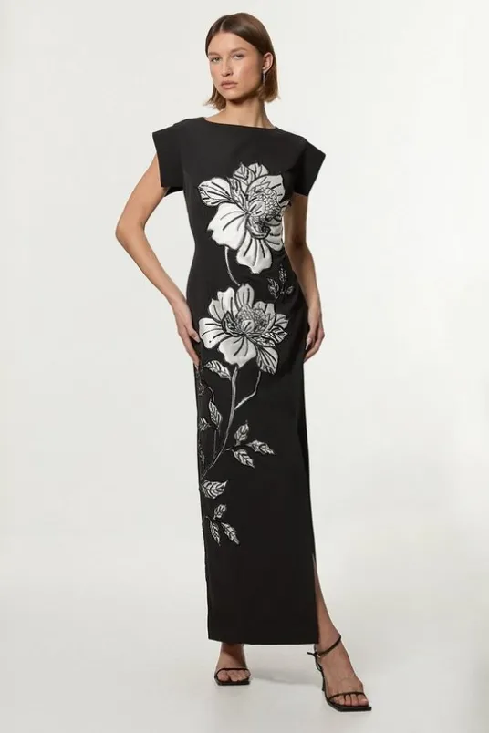 Tailored Applique Satin Beaded Maxi Dress