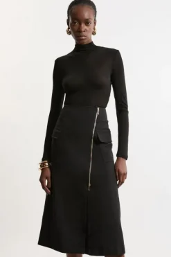 Tailored Asymmetric Wrap Zip Midi Skirt