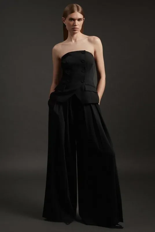 Tailored Bandeau Double Breasted Bodice Pleated Wide Leg Jumpsuit