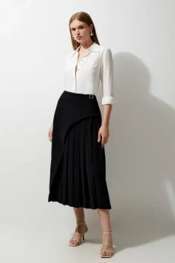 Tailored Buckle Detail Pleated Midi Skirt