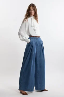 Tailored Chambray Denim Straight Leg Pleated Pants