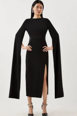 Tailored Compact Stretch Viscose Cape Mesh Panel Midi Dress