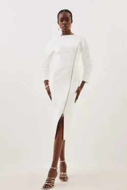 Tailored Compact Stretch Round Sleeve Ruched Midi Dress