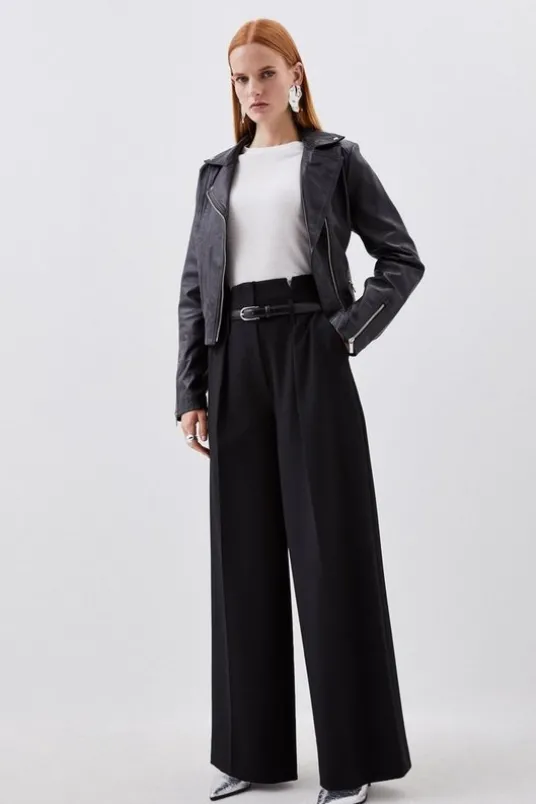 Tailored Compact Stretch High Waist Wide Leg Pants