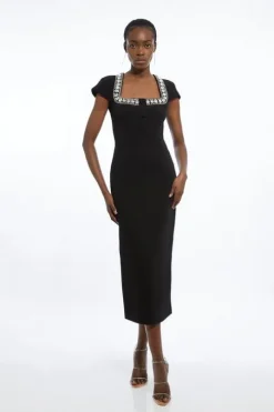 Tailored Compact Viscose Stretch Embellished Cap Sleeve Midi Dress