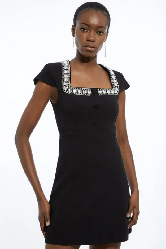 Tailored Compact Viscose Stretch Embellished Cap Sleeve Mini Dress