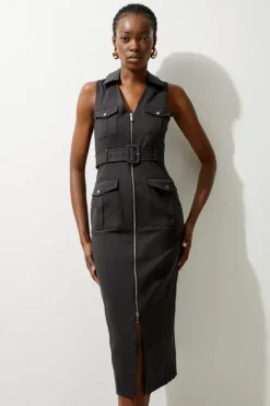 Tailored Cotton Belted Cargo Pocket Midi Shirt Dress