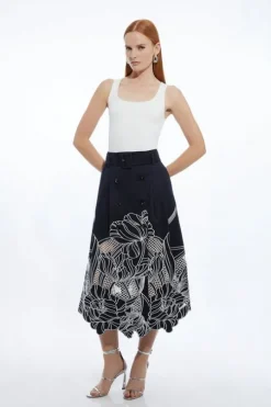 Tailored Cotton Cutwork Embroidered Belted Midi Skirt