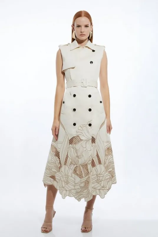 Tailored Cotton Cutwork Embroidered Belted Trench Style Midaxi Dress